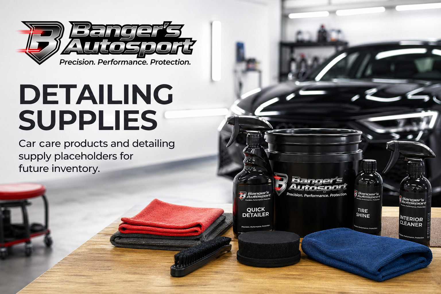 Bangers Auto Sport detailing supplies cover with quick detailer, tire shine, interior cleaner, microfiber towels, brush, pad, and detailing products bucket