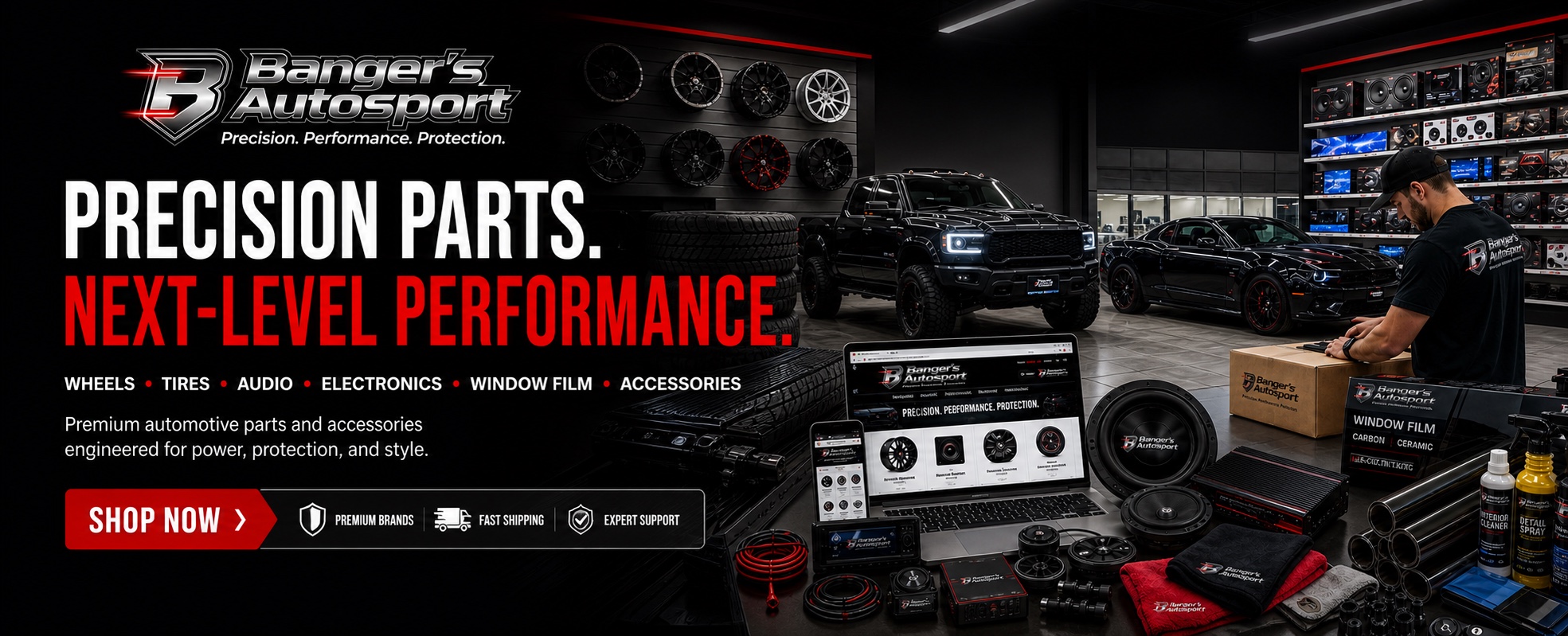Bangers Auto Sport online store promotion with wheels, audio, electronics, window film, and accessories