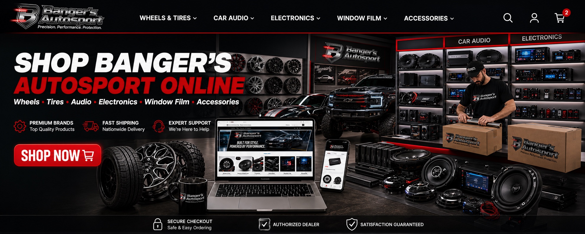 Bangers Auto Sport promotional slide for wheels, tires, car audio, electronics, window film, and accessories