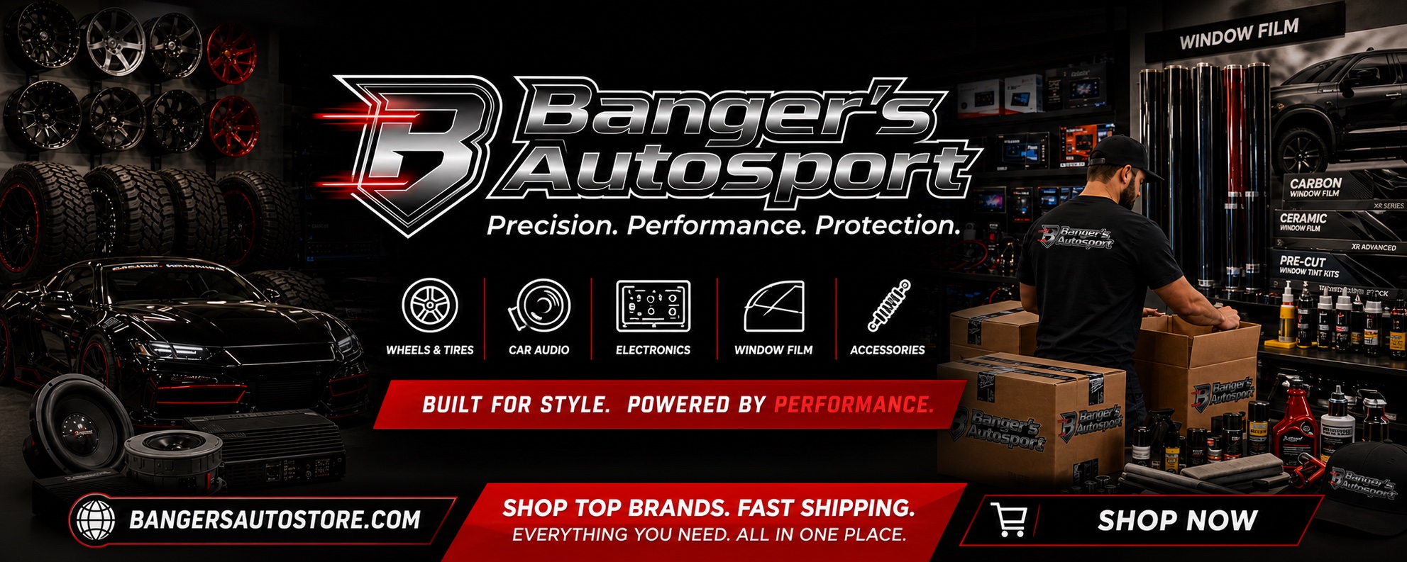 Bangers Auto Sport online shopping slide with product displays and shipping boxes
