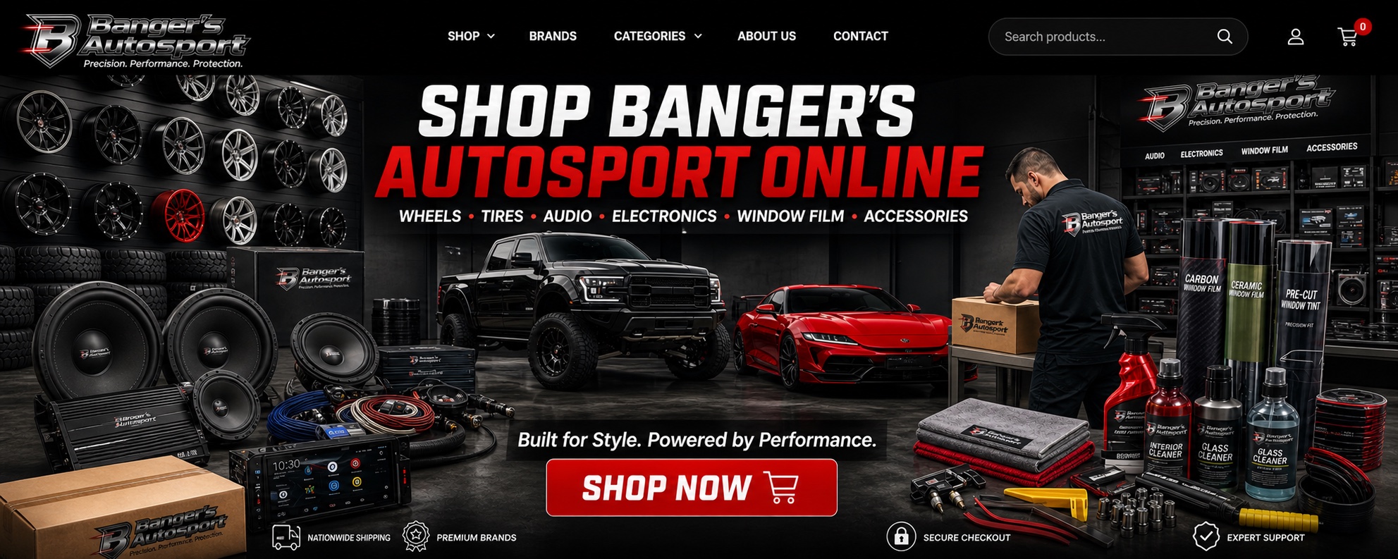 Bangers Auto Sport online store promotion for premium auto parts, accessories, audio, window film, and detailing products