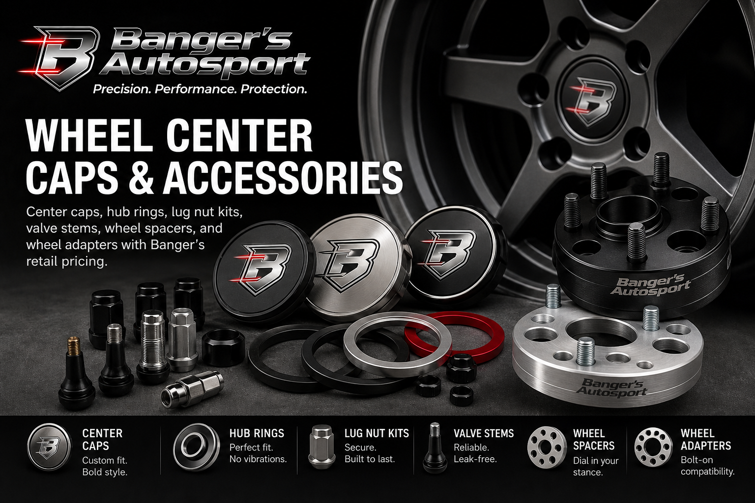 Bangers Auto Sport wheel center caps and accessories cover with center caps, hub rings, lug nut kits, valve stems, wheel spacers, and wheel adapters