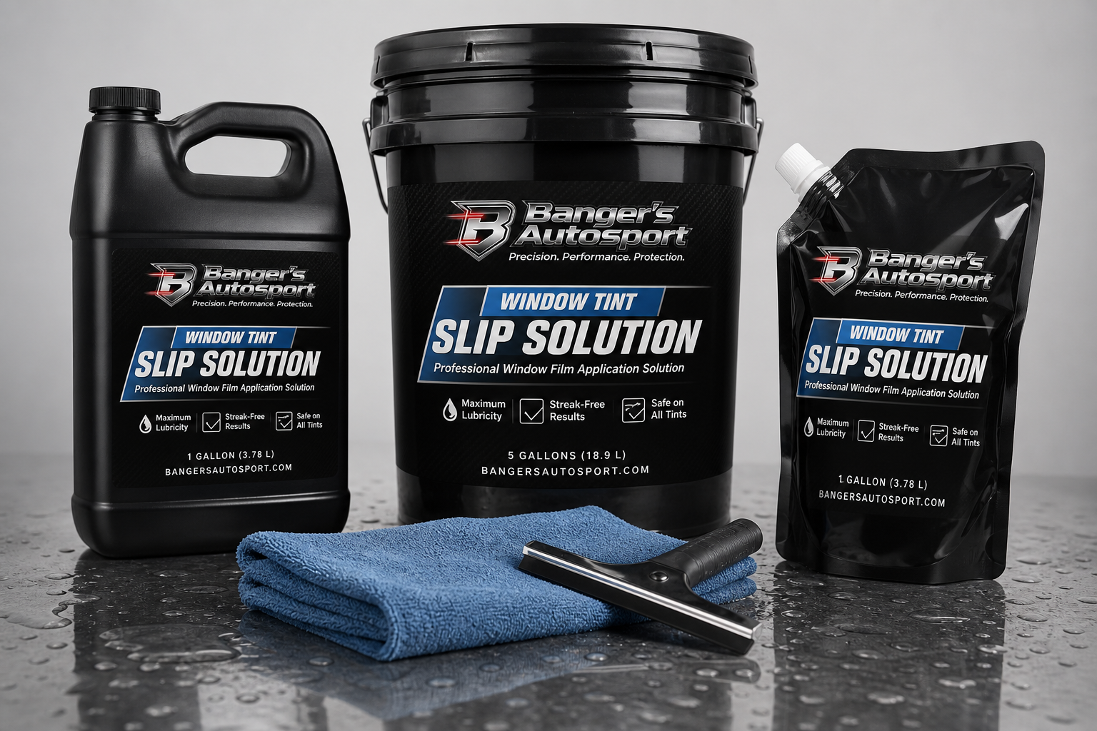 Bangers Auto Sport window tint slip solution cover with jug, bucket, pouch, microfiber towel, and squeegee